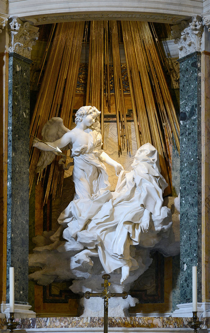 Bernini's Ecstasy of Saint Teresa: a Baroque naturalist statue of a woman in flowing habit with an angel, and golden light, above her.